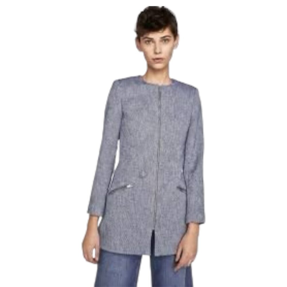 Zara Blue Tweed Blazer Jacket Size Small Preppy